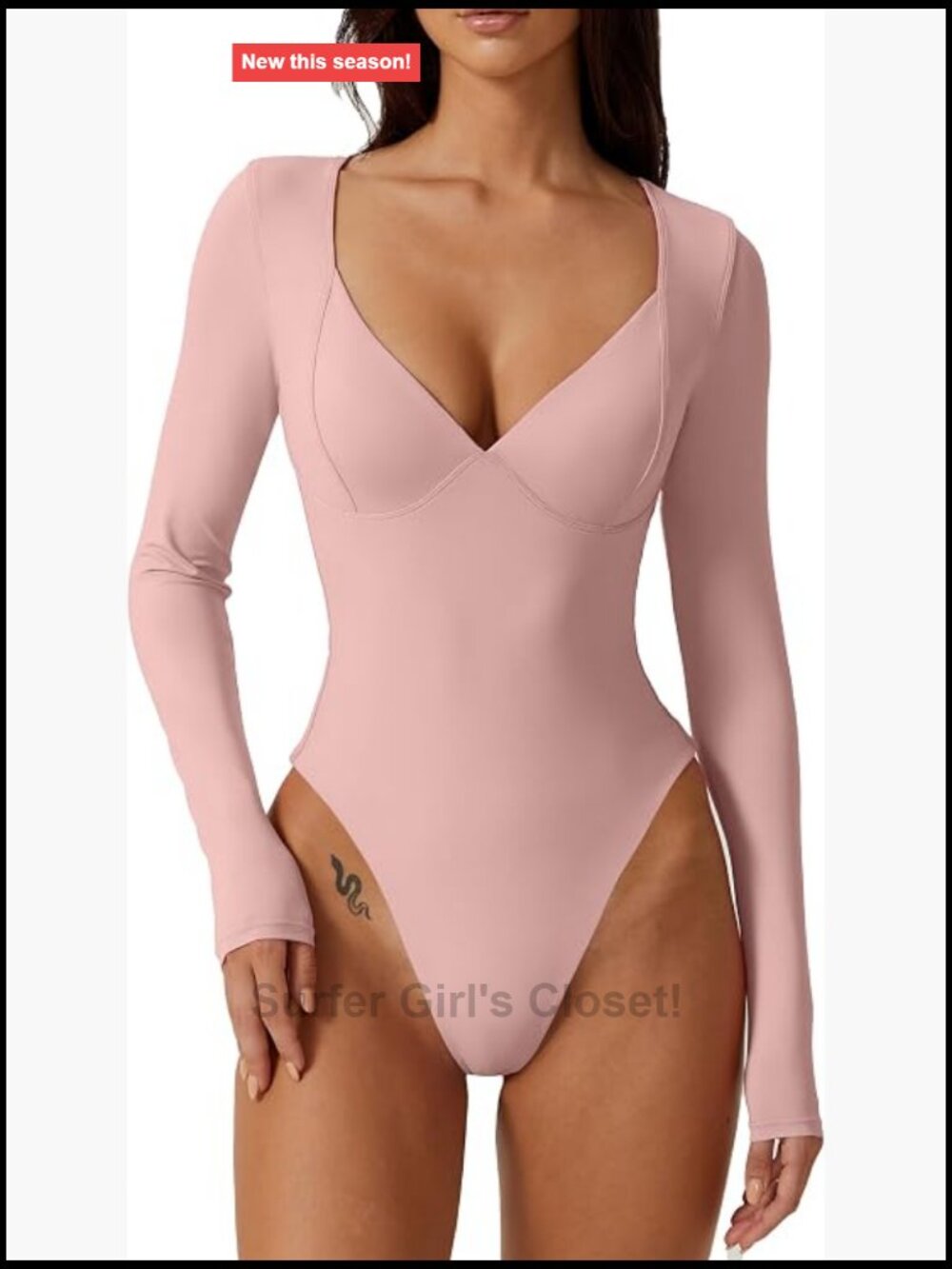 Women's Long Sleeve V Neck Bodysuit Seamed Cup Thong Bottom Going Out Top